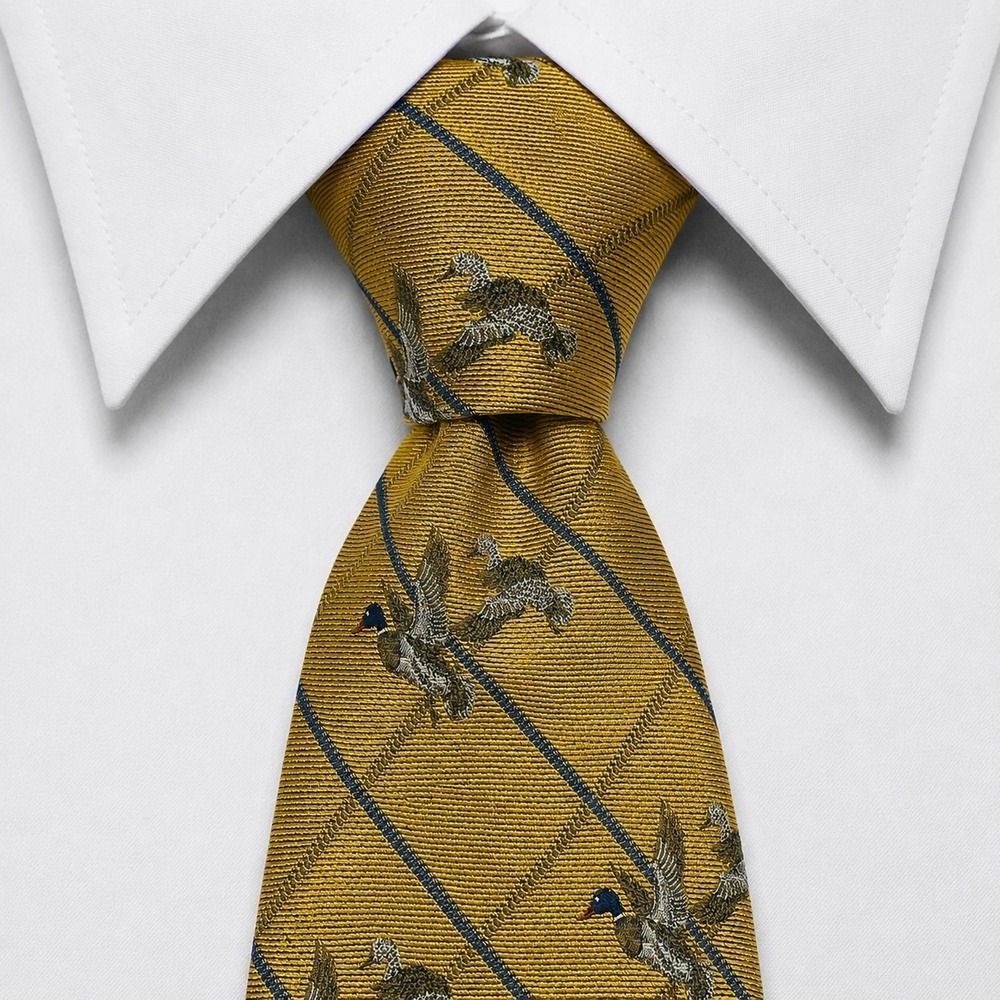 Lands' End Silk Tie Mens‎ Long Gold Mallard Duck Bird Hunting Preppy Made in USA